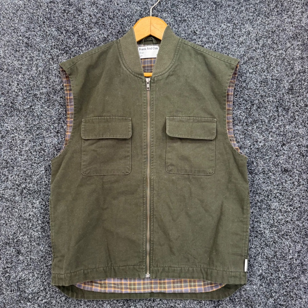 Frank And Oak Mens Organic Cotton Canvas Plaid Lined Utility Vest Olive Green S